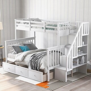 White Twin-Over-Full Solid Pine Bunk Bed with Storage Staircase, Drawer, and Guard Rail, Converts to Separate Beds