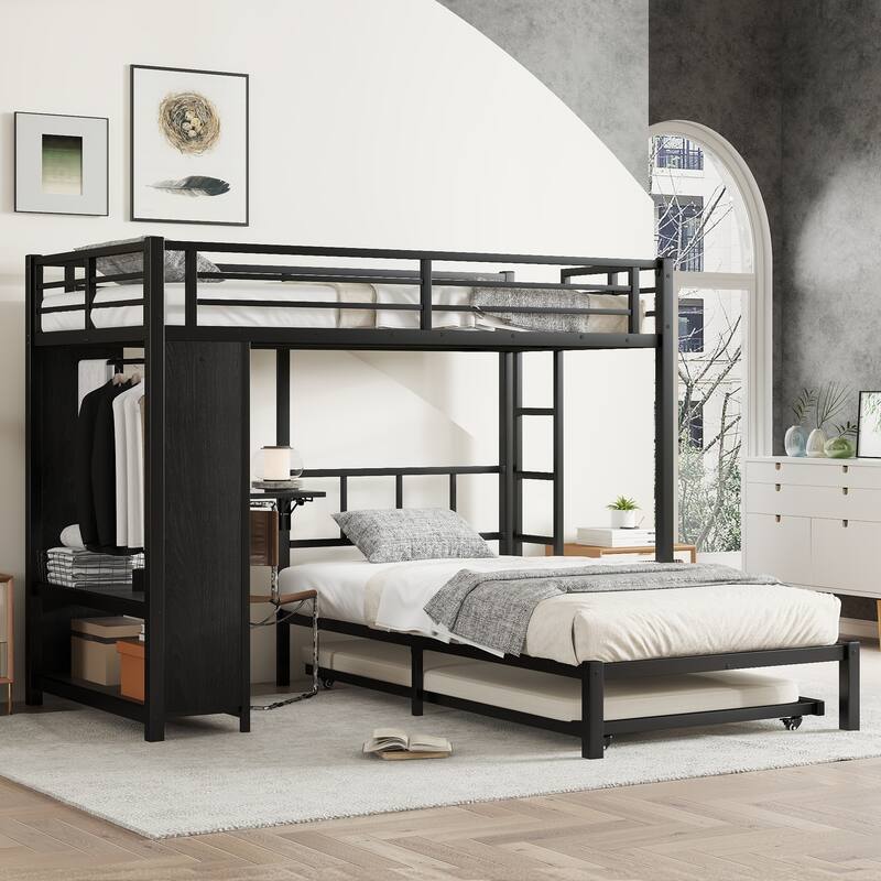 Twin Over Twin Bunk Bed With Built-In Wardrobe,Metal Bunk Bed With Trundle, Foldable Desk, Ladders, Noise-Reduced Design,Black - Black