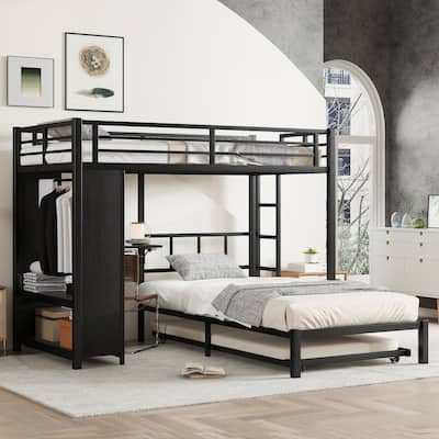 Twin Over Twin Bunk Bed With Built-In Wardrobe,Metal Bunk Bed With Trundle, Foldable Desk, Ladders, Noise-Reduced Design,Black