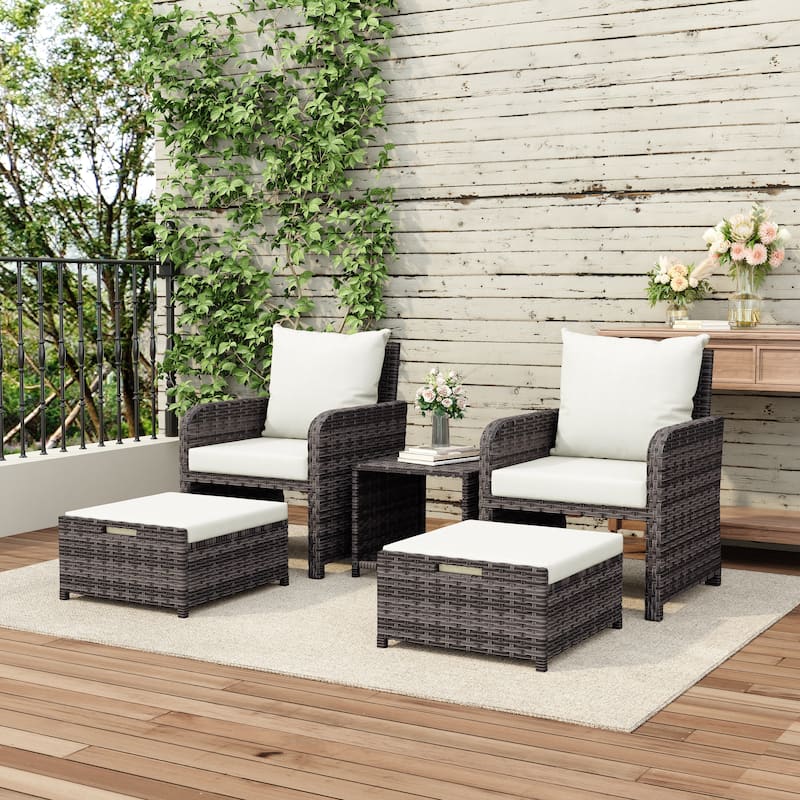Patio 5 Pieces Rattan Cushioned Conversation Set With Ottoman Coffee Table - Brown/Beige