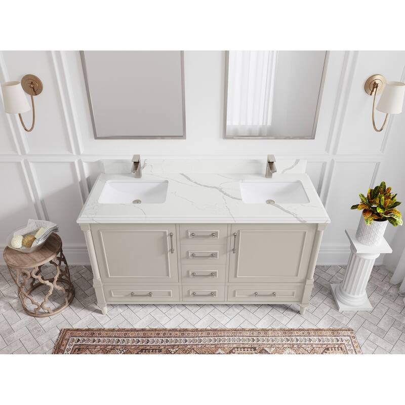 Willow Collections 60 in. W x 22 in. D Aberdeen Double Sink Bathroom Vanity with Countertop - 1.5" Calacatta Laza - Fine Grain