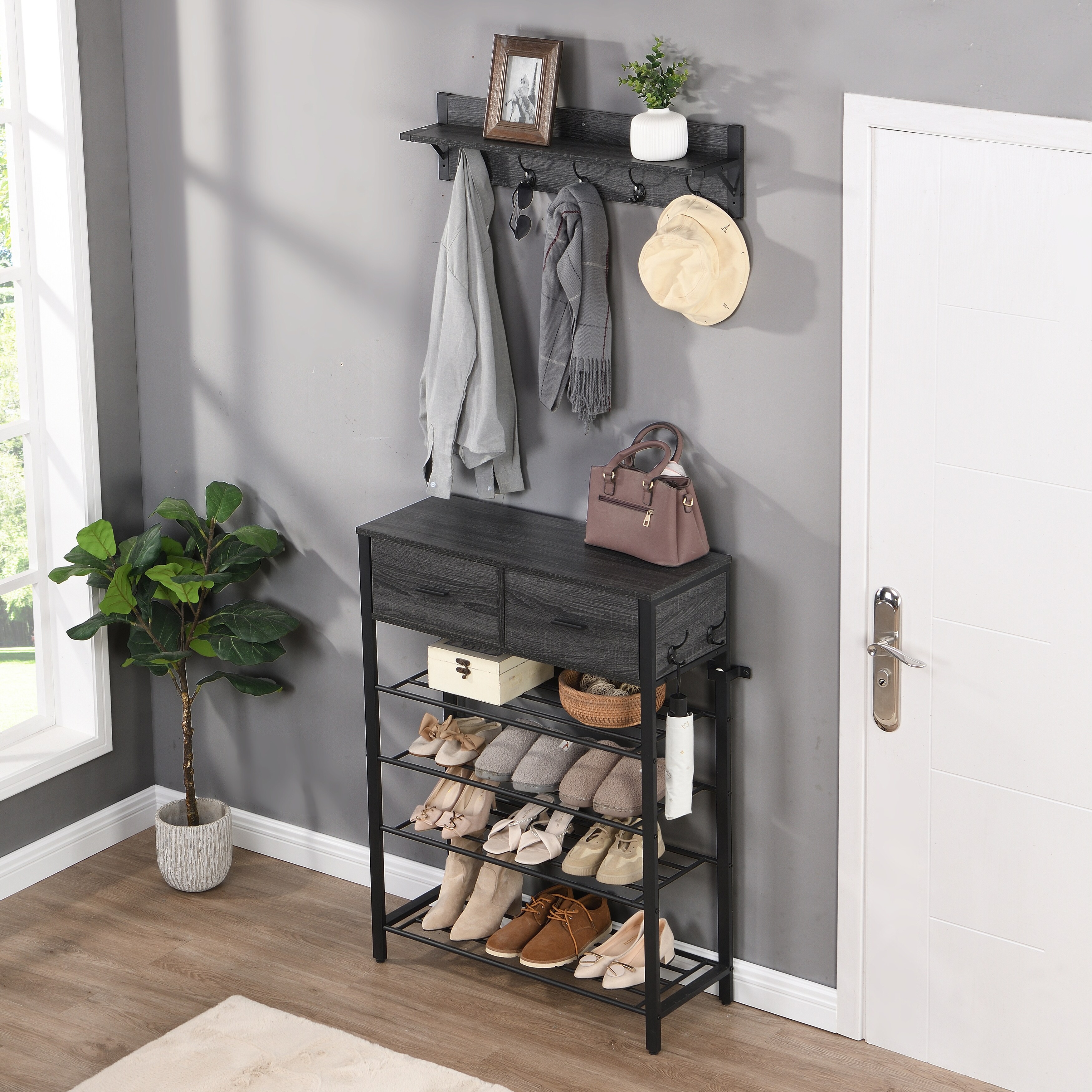 Entryway 4 tier Shoe Shelf with Two Drawers and Coat Rack One Set