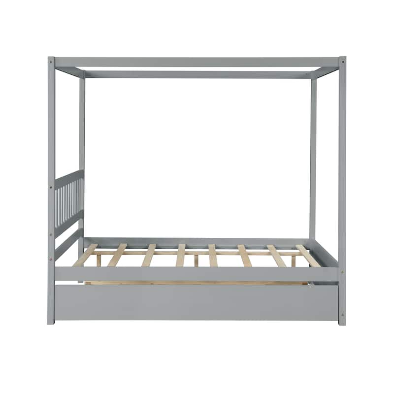 Kids Full Size Canopy Bed with Trundle, Solid Wood Frame, No Box Spring Needed