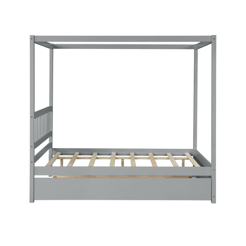 Wooden House Bed with Trundle, Roof Design, and Full Mattress Support