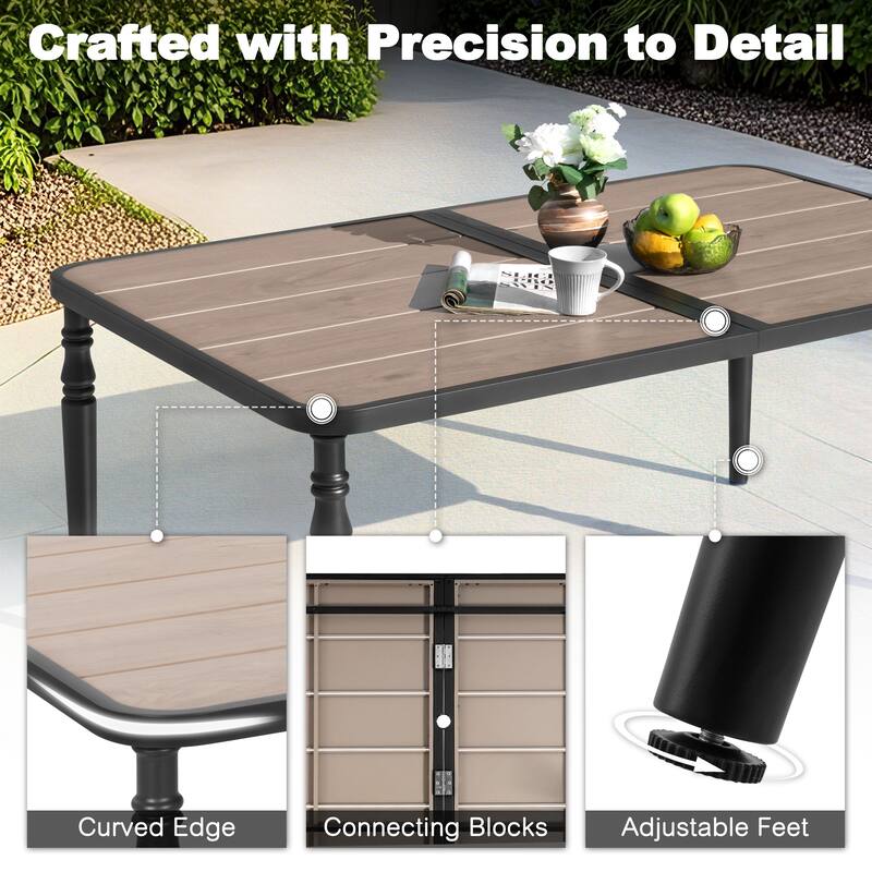 Patio Rectangle Dining Table with Umbrella Hole, Wood-Grain Tabletop