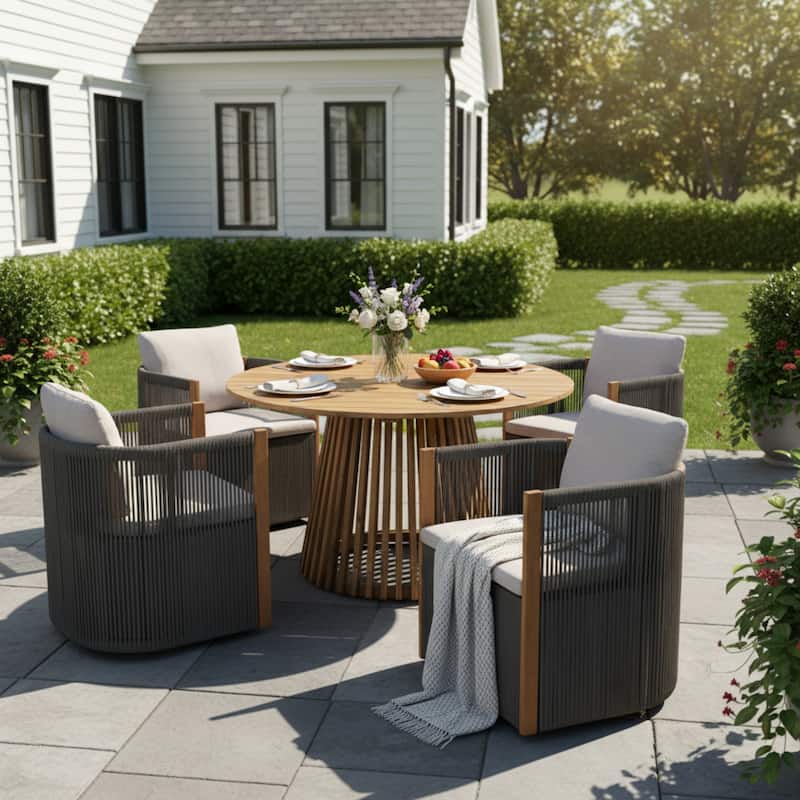 Christopher Knight Home - Roslyn 5-Piece Outdoor Acacia Wood Swivel Dining Set with Rope Woven Wicker Chairs & Round Slat Table - Light Teak+Grey+Beige