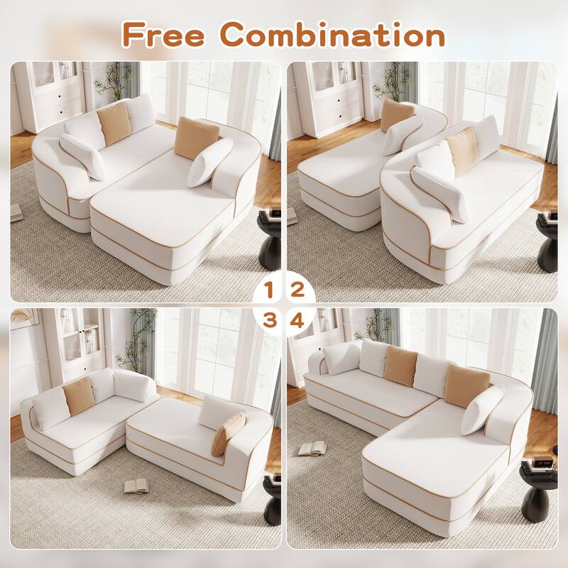 Teddy Fabric Contrast Sofa for Living Room, Upholstered Sectional Couch with L-Shaped Chaise, Boneless Couch with Throw Pillows