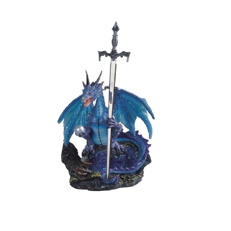 Q-Max 8"H Blue Dragon with Sword and Pearl Statue Fantasy Decoration Figurine