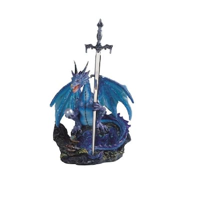Q-Max 8"H Blue Dragon with Sword and Pearl Statue Fantasy Decoration Figurine