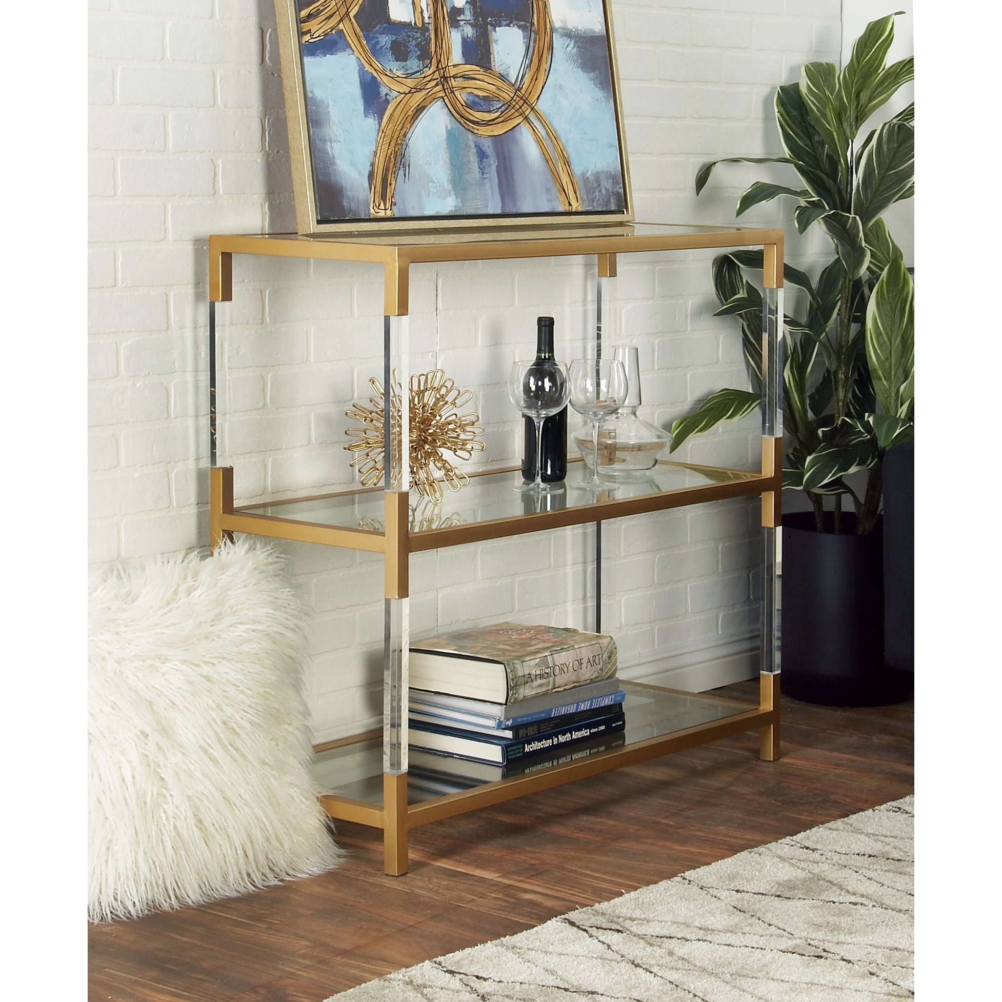Gold Metal 2 Shelf Console Table with Clear Glass Top and Acrylic Legs
