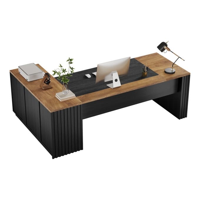 78" L Shaped Executive Office Desk with Cabinet and Storage Shelves