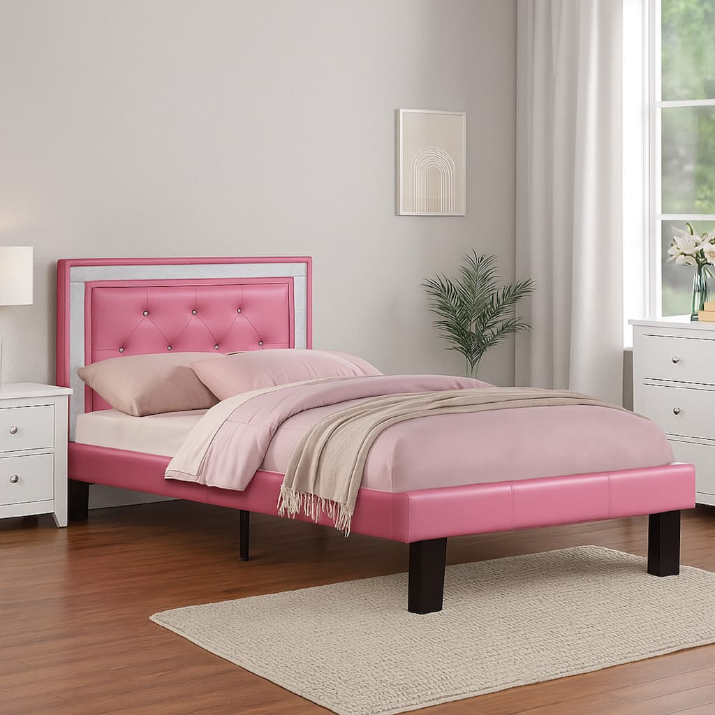 Polyurethane Twin Size Bed In High Headboard In Pink