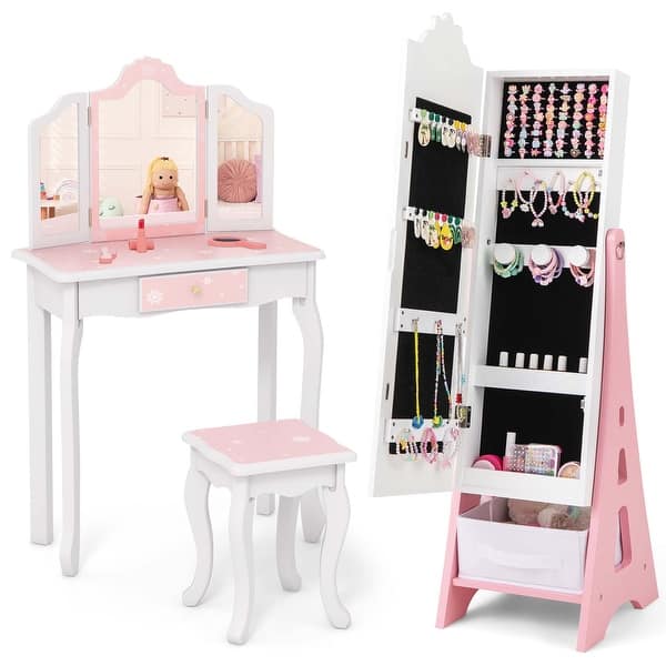 slide 2 of 20, Costway Kids Vanity Set Princess Makeup Dressing Table & Chair Set - See Details