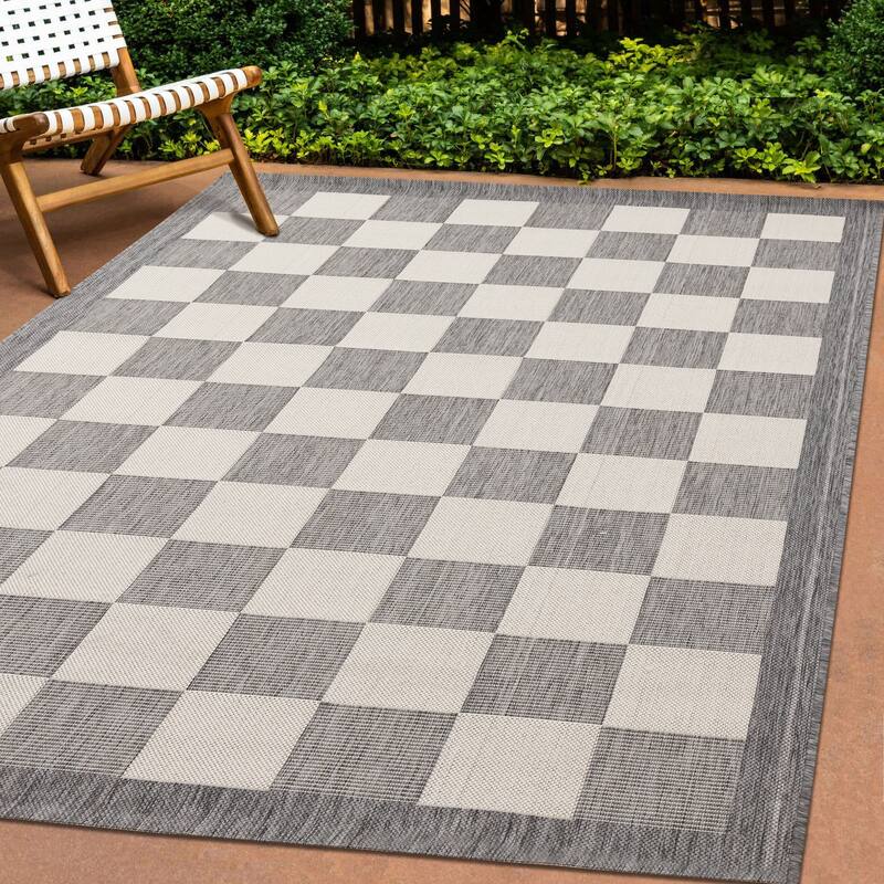 Jackson Collection - Grey Cream Border Checkerboard Indoor Outdoor Area Rug - 7'10" x 10'6"