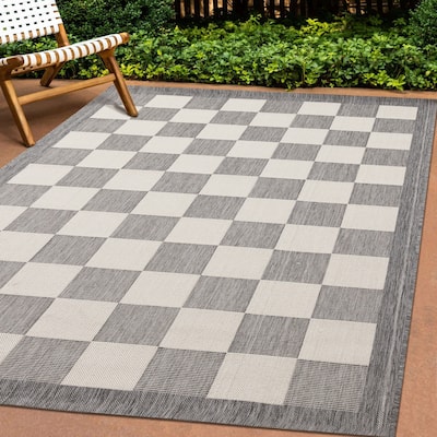 Jackson Collection - Grey Cream Border Checkerboard Indoor Outdoor Area Rug
