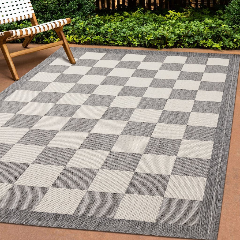 Jackson Collection - Grey Cream Border Checkerboard Indoor Outdoor Area Rug