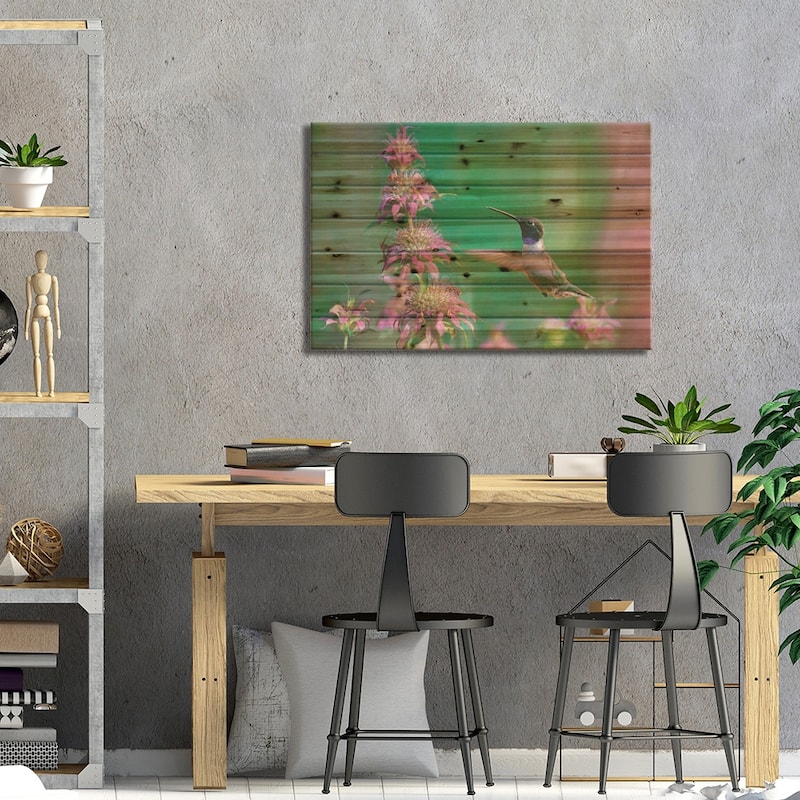 Black-chinned Hummingbird at bee balm, Texas, USA. Print On Wood by Tim Fitzharris - Multi-Color