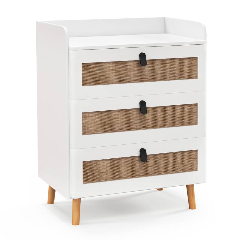 Gymax Modern Nightstand End Bedside Table w/ 3 Rattan Drawers & Solid