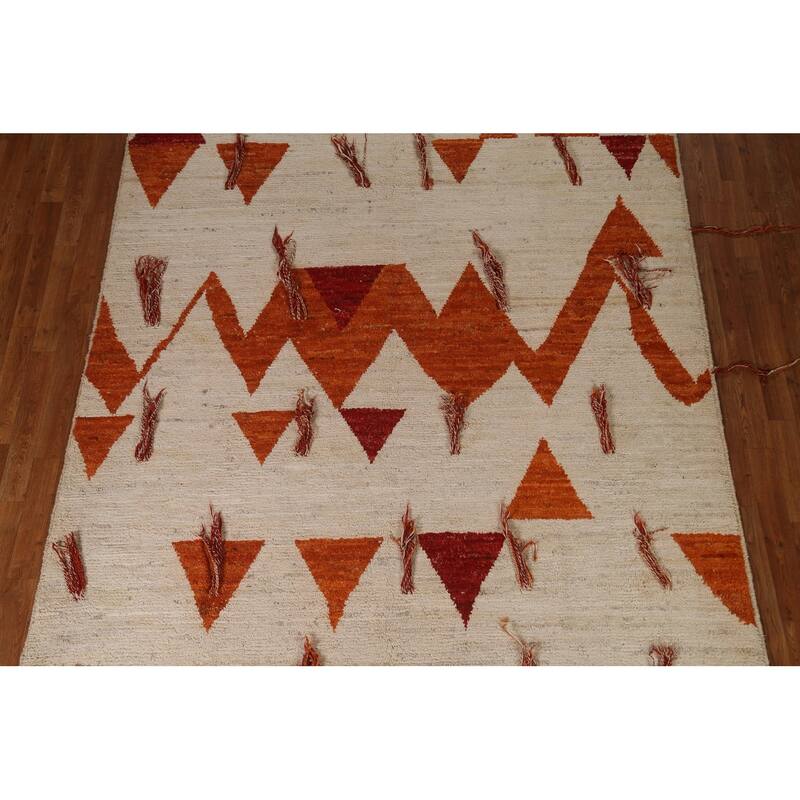 Hand Knotted Oriental 100% Wool Carpet Modern Tribal Beige & Ivories Moroccan Area Rug - 9' 11'' X 6' 10''
