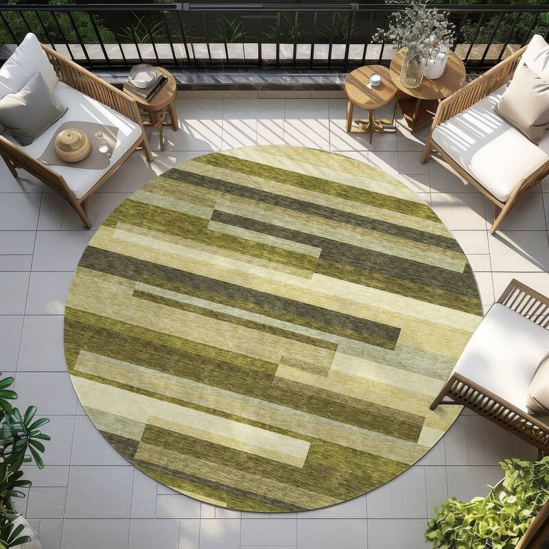 Machine Washable Indoor/ Outdoor Modern Stripes Chantille Rug - Olive - 8' x 8'