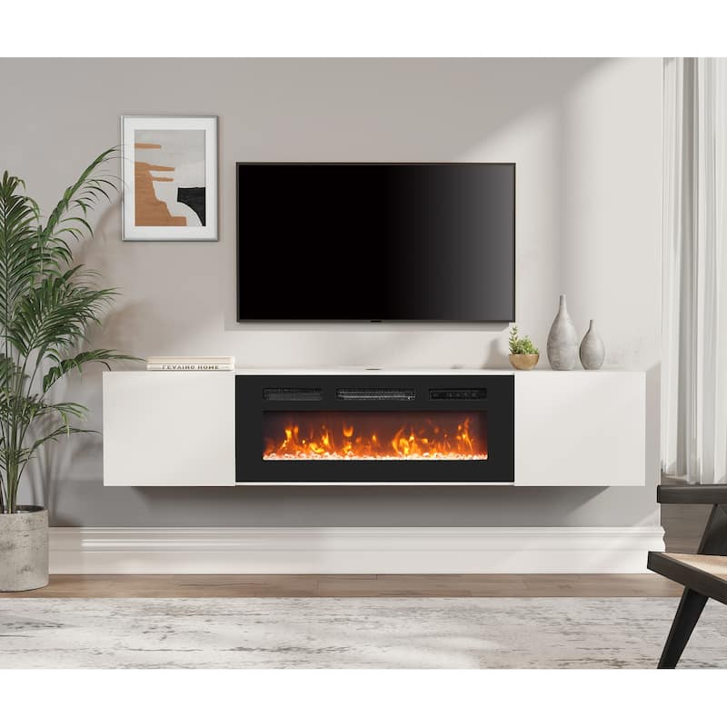 Modern Floating TV Stand with Electric Fireplace for TVs up to 80" - White