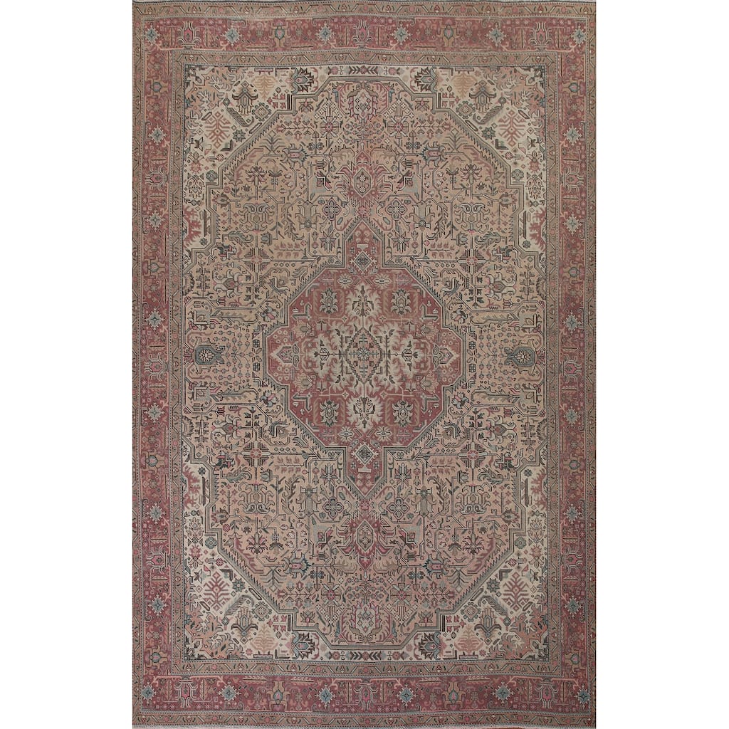 Vintage Distressed Geometric Tabriz Persian Rug Handmade Wool Carpet - 9'6" x 12'11"