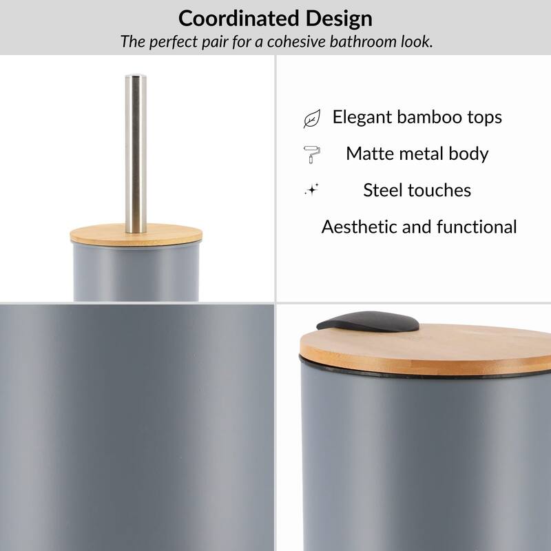 Bathroom Set with Bamboo Lid - Matte Metal Trash Can and Toilet Brush - 15.6" H x 11" L x 11" W