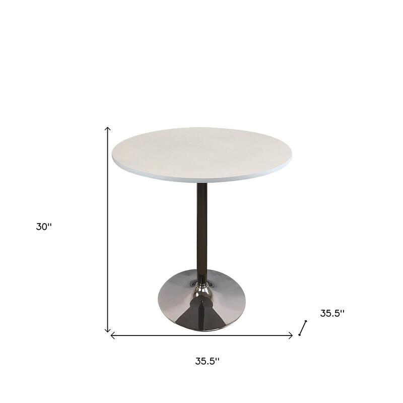 HomeRoots 36" White and Silver Wood and Metal Pedestal Base Round Top Dining Table - 35.50 in. x 30.00 in. x 35.50 in.