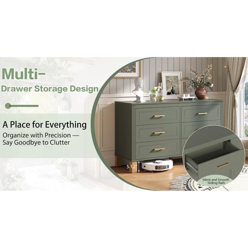 Wooden Double Dresser Dressing Table, Chest of 6 Drawers for Bedroom Living Room Entryway