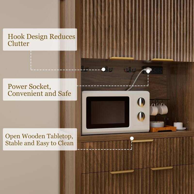 71"Pantry Storage Cabinet with Drawer, Charging Station and Open Countertop for Dining Living Room
