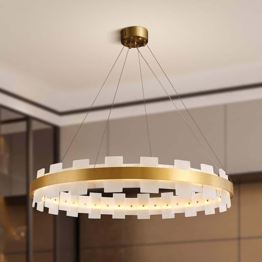 KAYLA Luxury Alabaster Chandelier, 37.4 in. Modern Integrated LED Gold Pendant Light for Entryway, Living Room & Foyer