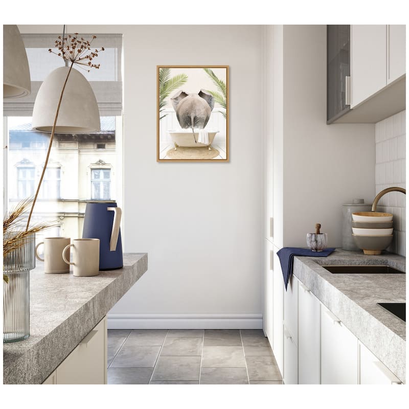 Kate and Laurel Sylvie Elephant Back in Palm Bathtub Framed Canvas by Amy Peterson