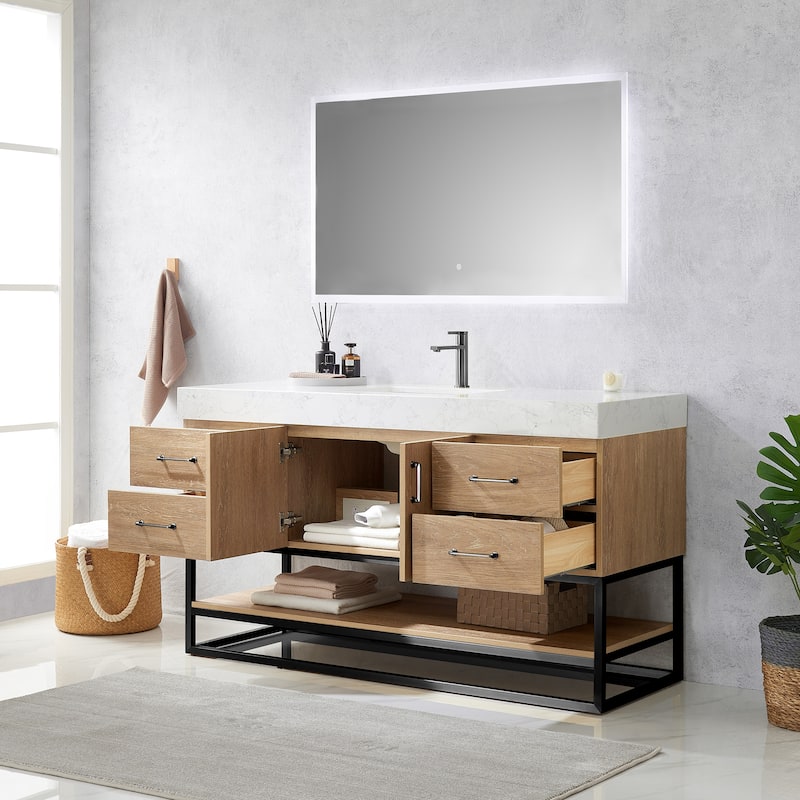 Alistair 60" Single Vanity with White Grain Stone Top without Mirror - 60" x 22"