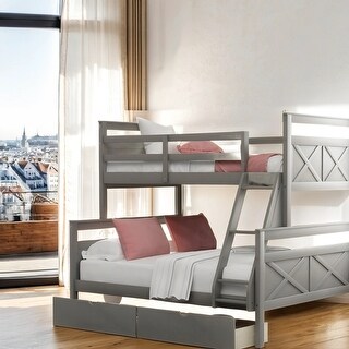 Twin Over Full Bunk Bed with Ladder, Two Storage Drawers, Safety Guardrail