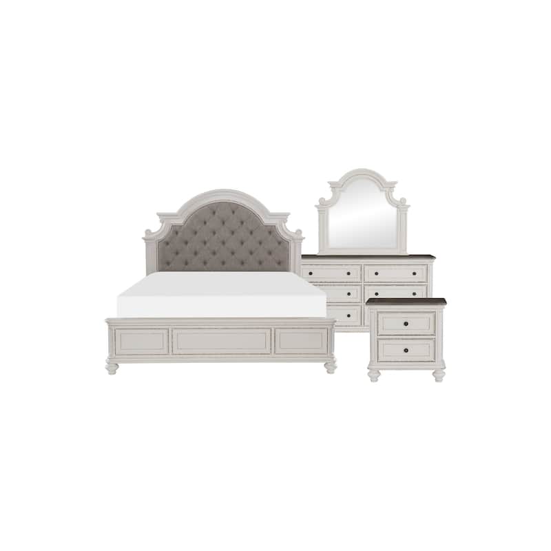 Milena 4 Piece White Gray Traditional Fabric Upholstered Tufted Panel Bedroom Set