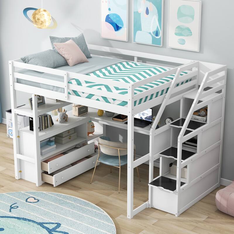 Full Size Loft Bed with Desk, Shelves, Drawers, and Storage Staircase in White