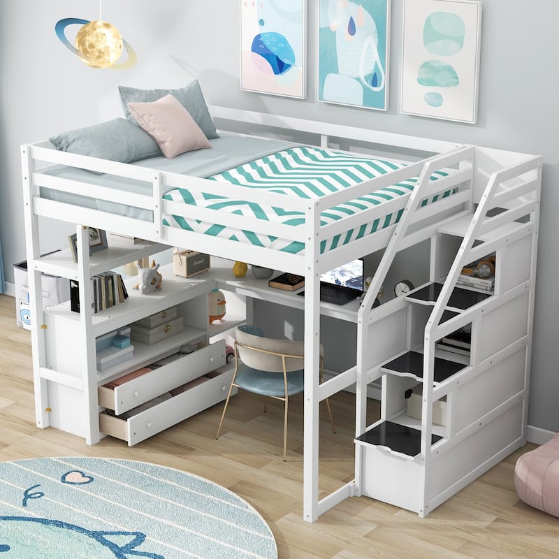 Full Size Loft Bed with Desk and Shelves, Two Builtin Drawers, Storage