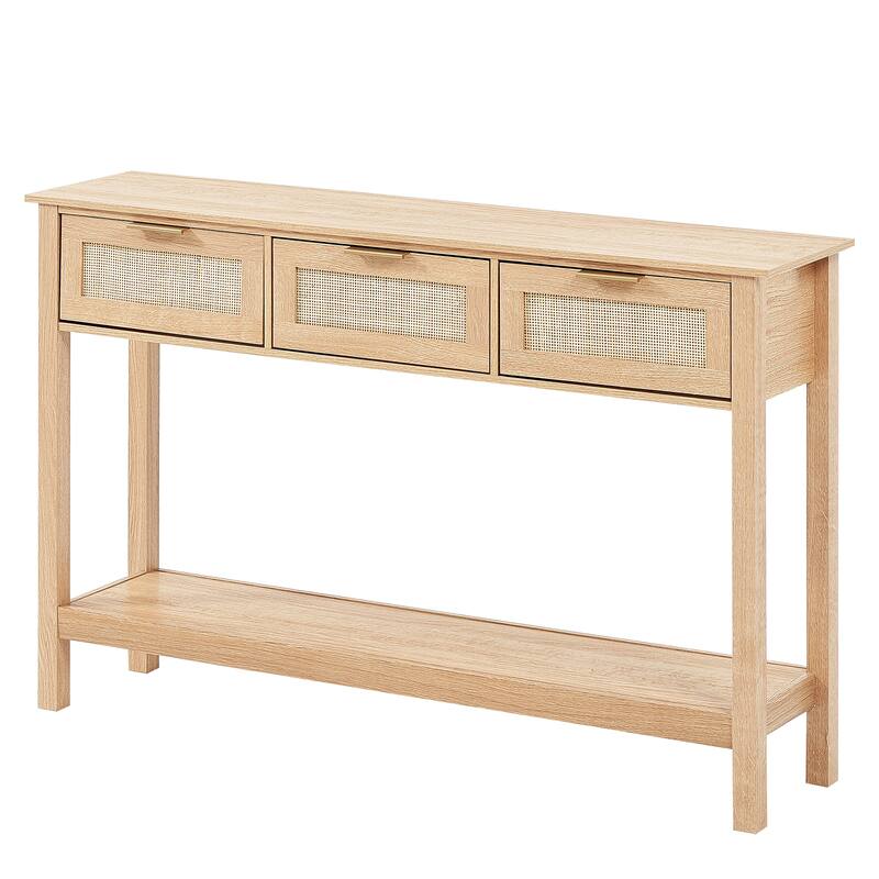 Rattan Console Table with 3 Storage Drawers, Rattan Entryway Table with Natural Rattan Sliding Door, Console Sofa Table