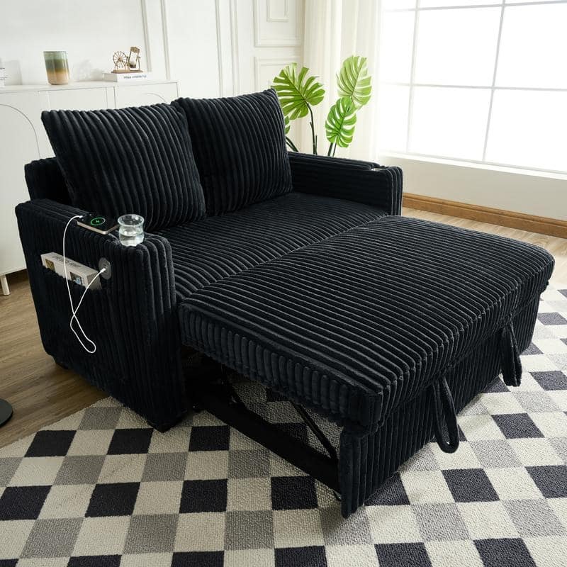 Corduroy Sleeper Sofa w/ USB Ports, Convertible Pull-Out Sofa Bed, Modern Sleeper Couch Loveseat w/ 2 Pillows & Pocket - Black