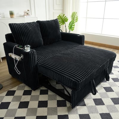 Corduroy Sleeper Sofa w/ USB Ports, Convertible Pull-Out Sofa Bed, Modern Sleeper Couch Loveseat w/ 2 Pillows & Pocket