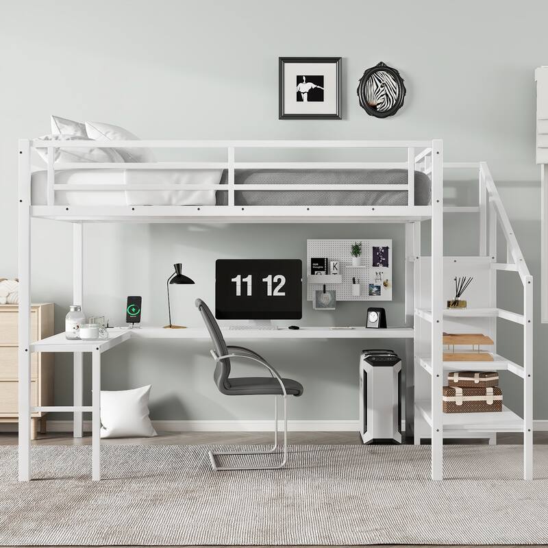 Roomfitters Queen Size Metal Loft Bed with L-Shaped Desk, USB Ports, LED Lighting & Adjustable Shelves, White