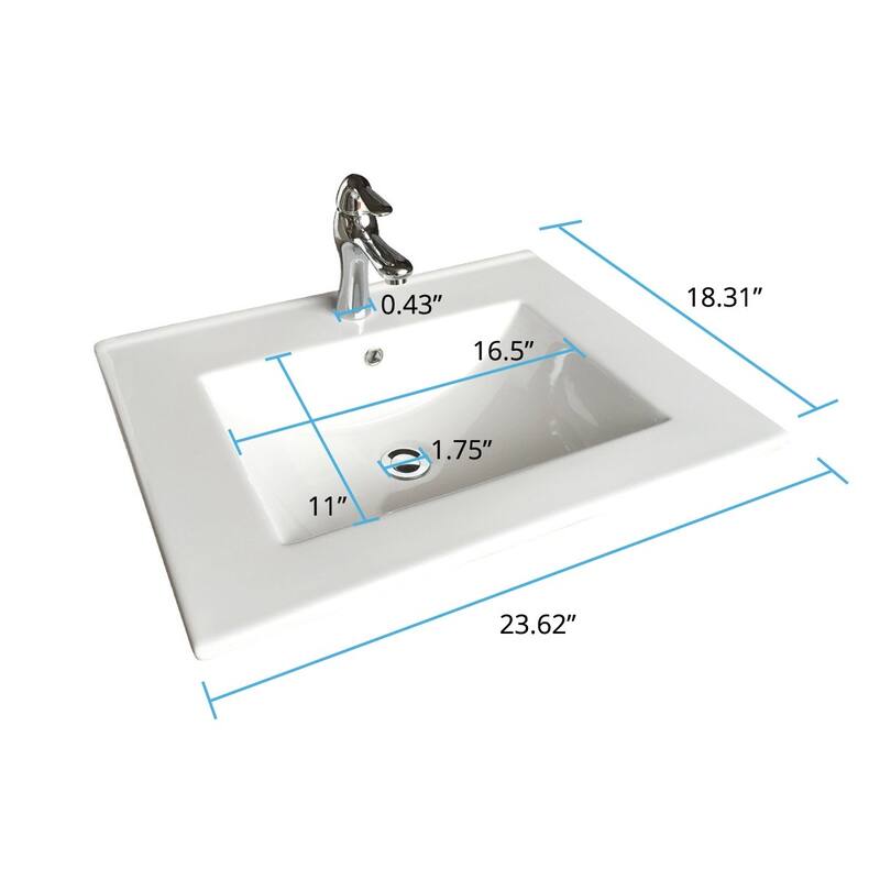 White Drop-in Sink 23.62" Porcelain Self-Rimming Rectangular Sink with Chrome Faucet and Drain Renovators Supply - White