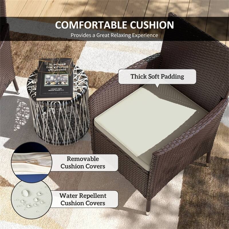 Dark Coffee Wicker Rattan Chairs with Cream Cushions, Set of 2 - 24.5" W x 24.75" D x 34.75" H