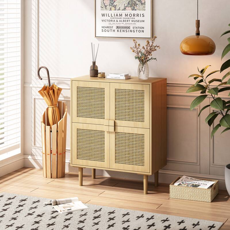 Sturdy Console Cabinet Dining Cabinet with Diamond Handles, Floor Cabinet Buffet Storage Cabinet with Rattan Doors - Natural