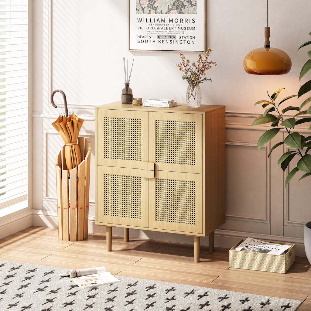 Sturdy Console Cabinet Dining Cabinet with Diamond Handles, Floor Cabinet Buffet Storage Cabinet with Rattan Doors