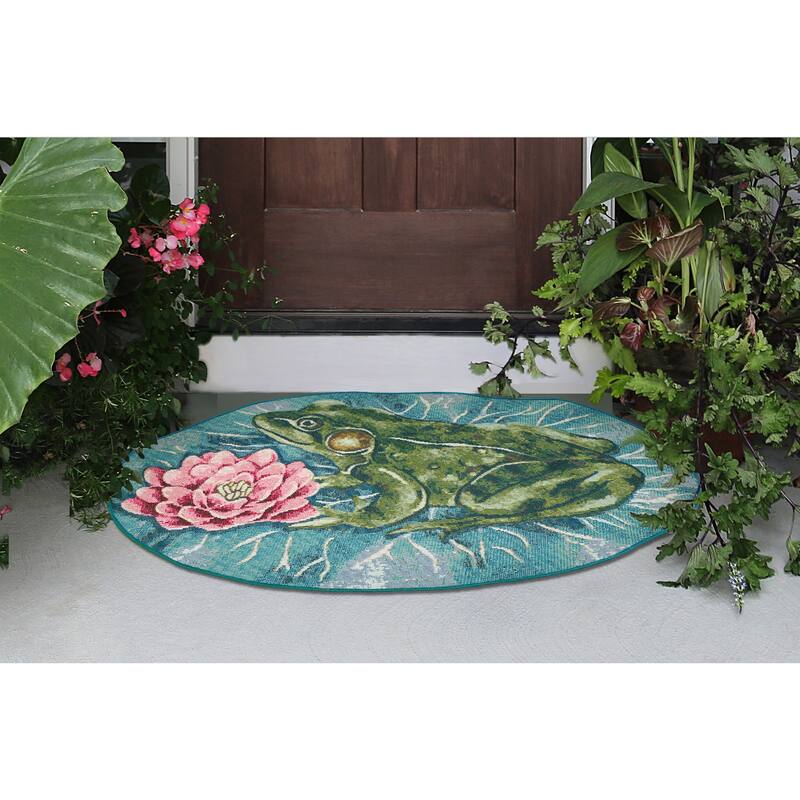 Liora Manne Esencia Frog And Lotus Indoor/Outdoor Mat Green 3'3" x 2'1" SHAPED - 3'3" x 2'1" SHAPED - 3'3" x 2'1" SHAPED - Green