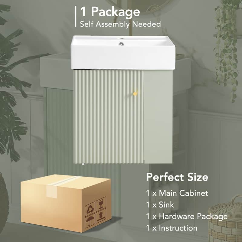 Wall-Mounted Bathroom Vanity Small Space Floating Cabinet with Sink, Wave-Patterned Door, Metal Handle and Right Side Storage