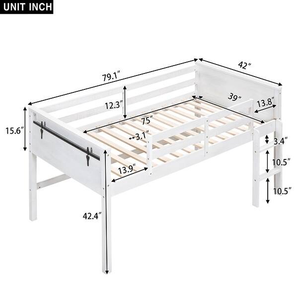 White Twin Size Solid Pine Wood Loft Bed with Hanging Clothes Racks, Guardrail