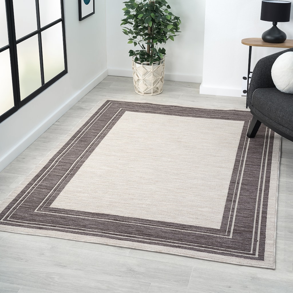 Sevita Ivory/Gray Bordered PET Yarn Indoor/Outdoor Area Rug