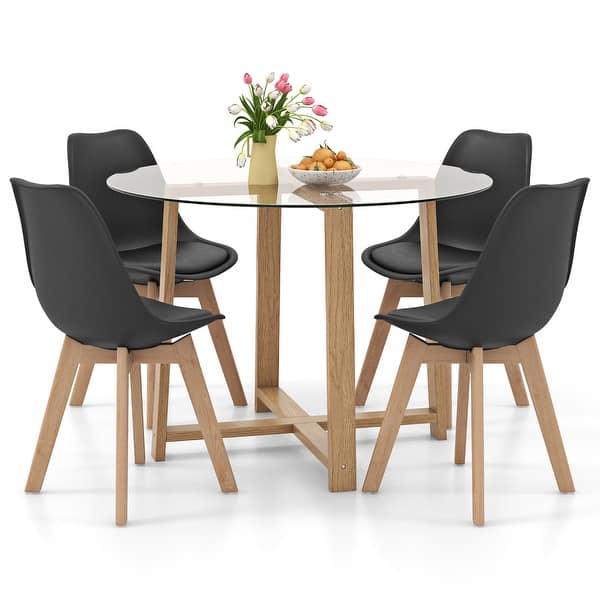 slide 2 of 7, Gymax 5 PCS Dining Table Set for 4 w/ Solid Wood Legs Tempered Glass Black